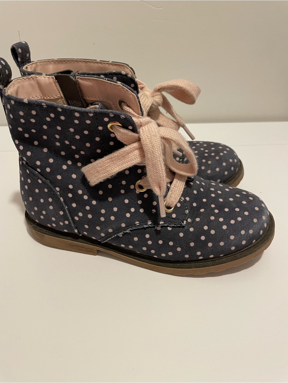 Cat and Jack Brand Kid's size 12 Navy Pink Polka Dot Girl's Lace Up Boots